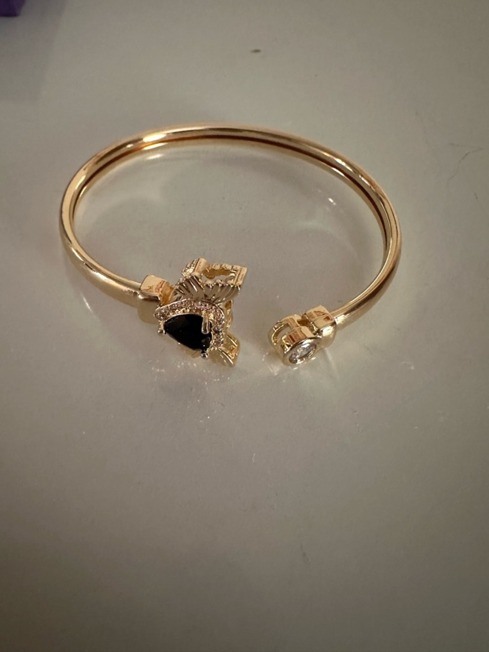 Gold Open Cuff Bracelet with Black Stone Accent - Women Jewelry - Picture 5 of 7